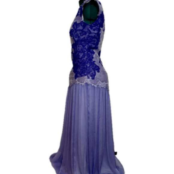 Lace Chiffon Cap Sleeve V-Neck Evening Gown Dress - Picture 5 of 7